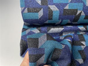 Strikket jacquard - grafisk i blå toner med glimmer effekt